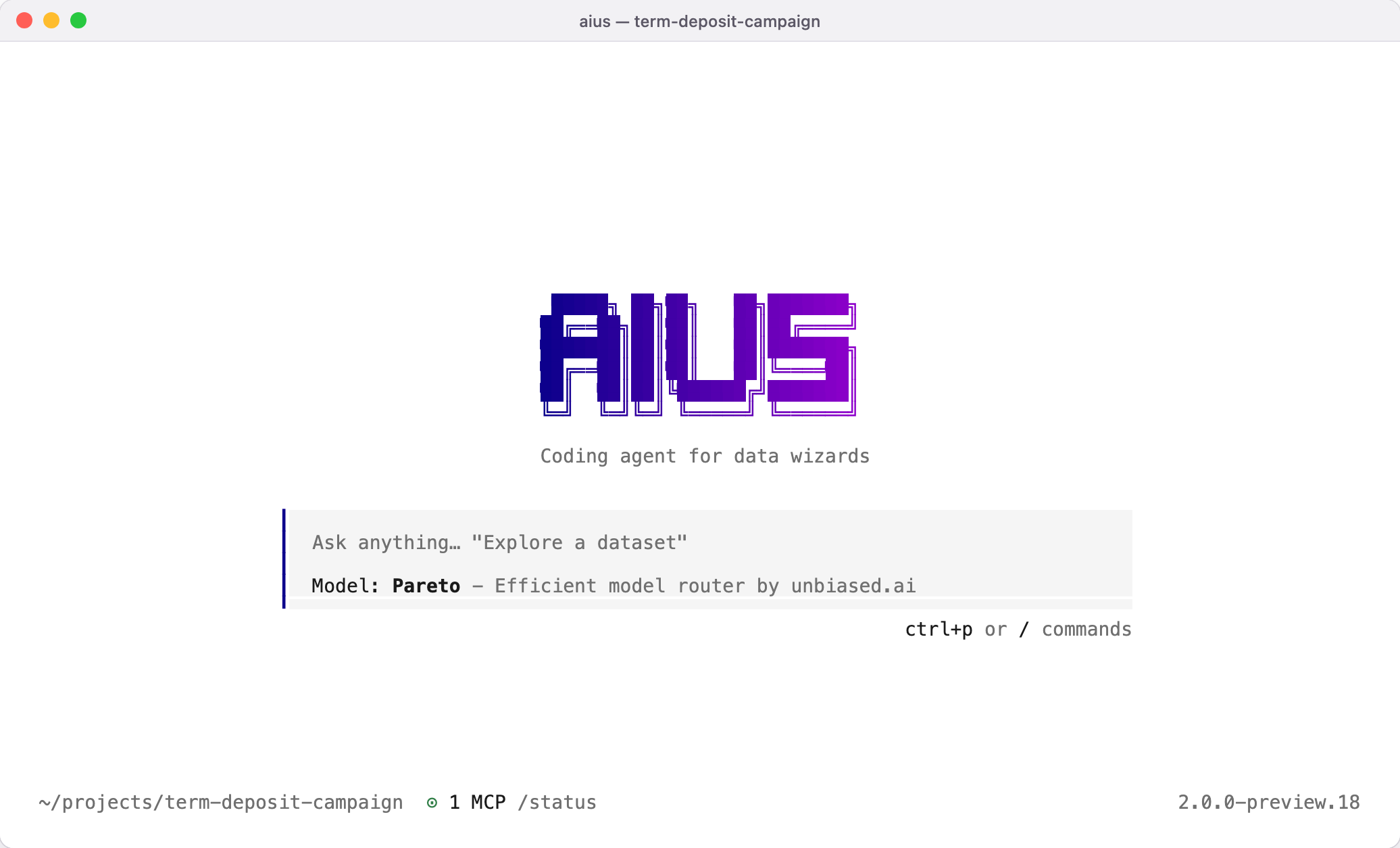 The AIUS terminal start screen with the AIUS logo, the prompt box and the selected model, Pareto